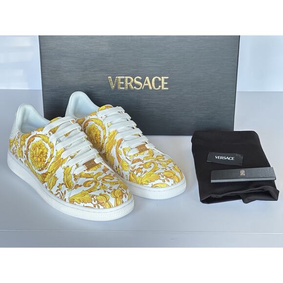 Versace Baroco Men\'s White/Gold Leather Sneakers 13 US (46 Euro) 1016936 NIB